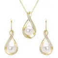 Elegante conjunto de collar y pendientes de perlas doradas con elegante diseño de lágrima pavé. - Dorado (Conjunto Collar+Pendientes)