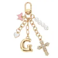 Portachiavi con lettera G dorata, croce in strass, perle e cuore per borsa donna. - Lettera G