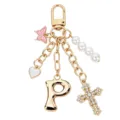 Portachiavi con lettera P dorata, croce in strass, perle, cuore e farfalla ciondolo borsa. - Lettera P