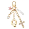 Portachiavi con lettera Q dorata, croce con strass, perla e cuore, ciondolo borsa donna. - Lettera Q