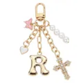 Portachiavi con lettera R dorata, croce in strass, perle e ciondolo a forma di farfalla - Lettera R