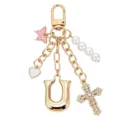 Bellissimo portachiavi con lettera U dorata, perle, croce e farfalla per borsa da donna - Lettera U