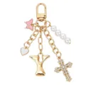 Portachiavi dorato con perle, croce, cuore e farfalla, accessorio borsa elegante e dolce. - Lettera Y