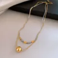 Collier double couche en acier inoxydable, magnifique chaîne géométrique or et argent. - Collier - doré - perle argentée