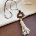 Retro long sweater necklace with flower pendant and white tassel, elegant vintage style accessory - 15# Necklace - Coffee & White