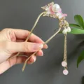 Traditional Chinese hair stick with pink butterflies and pearl tassels - U-Shaped Buyao Butterfly Artificial Pearl Tassel Style (2857)