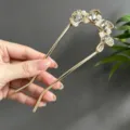 Elegant gold ginkgo leaf hairpin with pearls and gray crystals for traditional hairstyles. - U-Shaped Hairpin Ginkgo Leaf Artificial Pearl Crystal Style (2846)