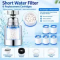 Faucet water filter filtration system with 6 replacement cartridges and adapters - Full Chrome Plated Set (1 Faucet Filter + 6 Mineral Stone Filters)