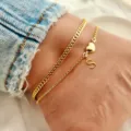 Gold-plated double layer anklet with heart and letter S pendant for women summer beach - Letter S / Gold