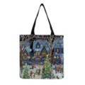 Dettaglio borsa shopper natalizia di grande capacita con stampa di neve e manici neri resistenti. - Stile 1 (hm5809)