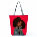 Close-up detail of the stylish canvas tote bag featuring the black curly hair girl print. - Red Curly Hair Illustration Style (hlk0520)