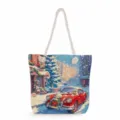 Weihnachts-Schneelandschaft bedruckte Segeltuch-Tragetasche mit dicken Seilgriffen für Winter. - Rotes Auto Weihnachts-Schneeszene (msk0695)