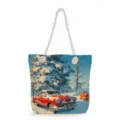 Segeltuch Tragetasche mit Winterschnee rotem Autodruck, stilvolle Schultertasche. - Vintage Rotes Auto Schneeszene (msk0696)
