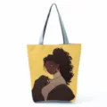 Black girl illustration canvas tote bag detail, aesthetic shoulder handbag with yellow background. - Yellow Curly Hair Illustration Style (hlk0514)