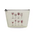 Close-up detail of a canvas makeup pouch featuring artistic red wine glass prints and zipper. - Wine Glass Collection