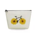 Vista detallada del elegante bolso cosmético de lona con estampado de bicicleta y girasol. - Bicicleta de Girasol