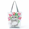 Detalle del bolso tote de lona con estampado de perezoso y tulipanes para mujer. - Estilo Perezoso Floral Tulipán (hl0217)