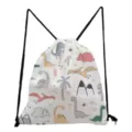 Detailed view of the cute cartoon dinosaur print drawstring backpack with black cords. - White Dinosaur and Palm Tree Print Style Five (sk5326)