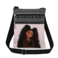 Details of the cute black girl print crossbody bag with double zippers and striped pattern. - Style (xkk0783)
