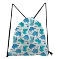 Detailed view of white drawstring backpack with blue cute dinosaur print and black cords close up. - Blue Dinosaur Print With Letters Style Eight (sk5329)