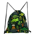 Dinosaur Print Drawstring Backpack Cartoon Jungle School Bag Casual Cinch Pack - Black Dinosaur Volcano Forest Print Style Nine (sk5330)