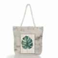 Large capacity women canvas tote bag with marble pattern and green monstera leaf print. - Marble and Green Leaf (ms2014b)