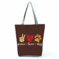 Borsa shopper marrone in tela con stampa di zampe di cane, grande borsa a tracolla casual. - Stampa a Mano Peace Love Dog (hl3458)