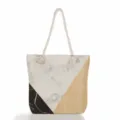 Vue détaillée du grand sac cabas en toile avec imprimé géométrique marbre et bois et anses corde. - Patchwork de Marbre et de Fil du Bois (ms2016b)