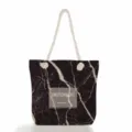Sac cabas en toile à imprimé marbre noir avec anses en corde et design de lettres chic. - Bonheur Marbre Noir (ms2016e)