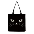Cat face print canvas tote bag detail view, casual black shoulder handbag feature. - Black Cartoon Cat Face Style (hm3068)