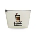 Bolsita cosmetica de lino con estampado de taza de cafe y libros, estuche con cremallera. - Taza de Café y Libros / 7.0