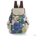 Stoff Rucksack mit Blumen Muster, braunen Lederkanten, blauen Rosen und zwei Seitentaschen. - Blau Gelber Floral Schmetterling Stil (1670a)