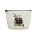 Bolsa cosmética de lino con estampado de libros de acuarela, elegante estuche con cremallera. - Libros y Taza de Té (sn4013)