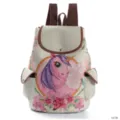 Süßer Damen Rucksack aus Leinen mit Einhorn Print, braunen Trägern und praktischen Seitentaschen. - Rosa Einhorn Und Floral Stil (1672b)