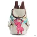 Leinwand Damen Rucksack mit süßem rosa Einhorn Blumenmuster, braunen Trägern und Taschen. - Exquisites Rosa Einhorn Floral Stil (1672c)