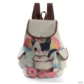 Süßer Katzen Druck Canvas Rucksack für Damen, Freizeittasche mit braunen Trägern und Taschen. - Katze Regenbogen Teetasse Stil (1673a)