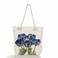Τσάντα tote από καμβά με floral print και χοντρά χερούλια, μεγάλη τσάντα θαλάσσης. - Μπλε Ανθικό Μοτίβο Ανεμώνης (ms5188)