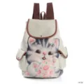 Süßer Leinen Katzen-Print Rucksack mit braunem Lederimitat, Schul-Freizeittasche. - Cartoon Kätzchen Und Rosen-Druck Stil (1673d)