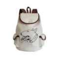 Detail view of the canvas backpack featuring a unique bull terrier sketch print and brown leather trim. - Bulldog Print (sj4420)