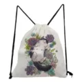 Close up view of the cute cat and succulent print detail on white canvas drawstring bag. - Watercolor Cat Succulent Print Style (sk4021)