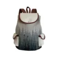 Canvas backpack detail showing forest tree print, brown straps, and front flap pocket design. - Jungle Print Style (sj0143)