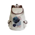 Detailed view of geometric print canvas backpack with brown leather trim and modern hexagonal pattern. - Blue Pink Hexagon Print Style (sj5031)