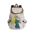 Canvas backpack detail view, cute cartoon flexing woman print, brown straps and pockets. - Girl Style (sj0184)