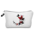 Detailed view of cosmetic makeup pouch with stylish red and black butterfly print design. - Butterfly Wreath Style (hz4359)