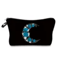 Black cosmetic bag detail showing blue rose crescent moon print, compact zipper travel pouch. - Black Blue Rose Crescent Style (hz4362)