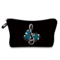 Detail view of black makeup pouch featuring elegant blue roses and treble clef pattern. - Black Note Blue Rose Style (hz4364)