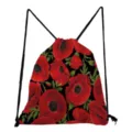Detailed view of casual floral drawstring backpack with red poppy print and black straps. - Red Poppy Print (sk5184)