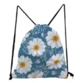 Casual blue floral print drawstring backpack featuring white daisy pattern for daily use. - Blue with White Chrysanthemum Print (sk5187)