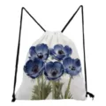 Weisser Kordelzug Rucksack mit blauem Blumenmuster, modische leichte Freizeittasche. - Weiß mit Blauem Blumendruck (sk5188)