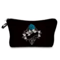 Detailed view of the black travel cosmetic pouch featuring a blue rose print, compact zipper design. - Black Blue Rose Vine Style (hz4371)